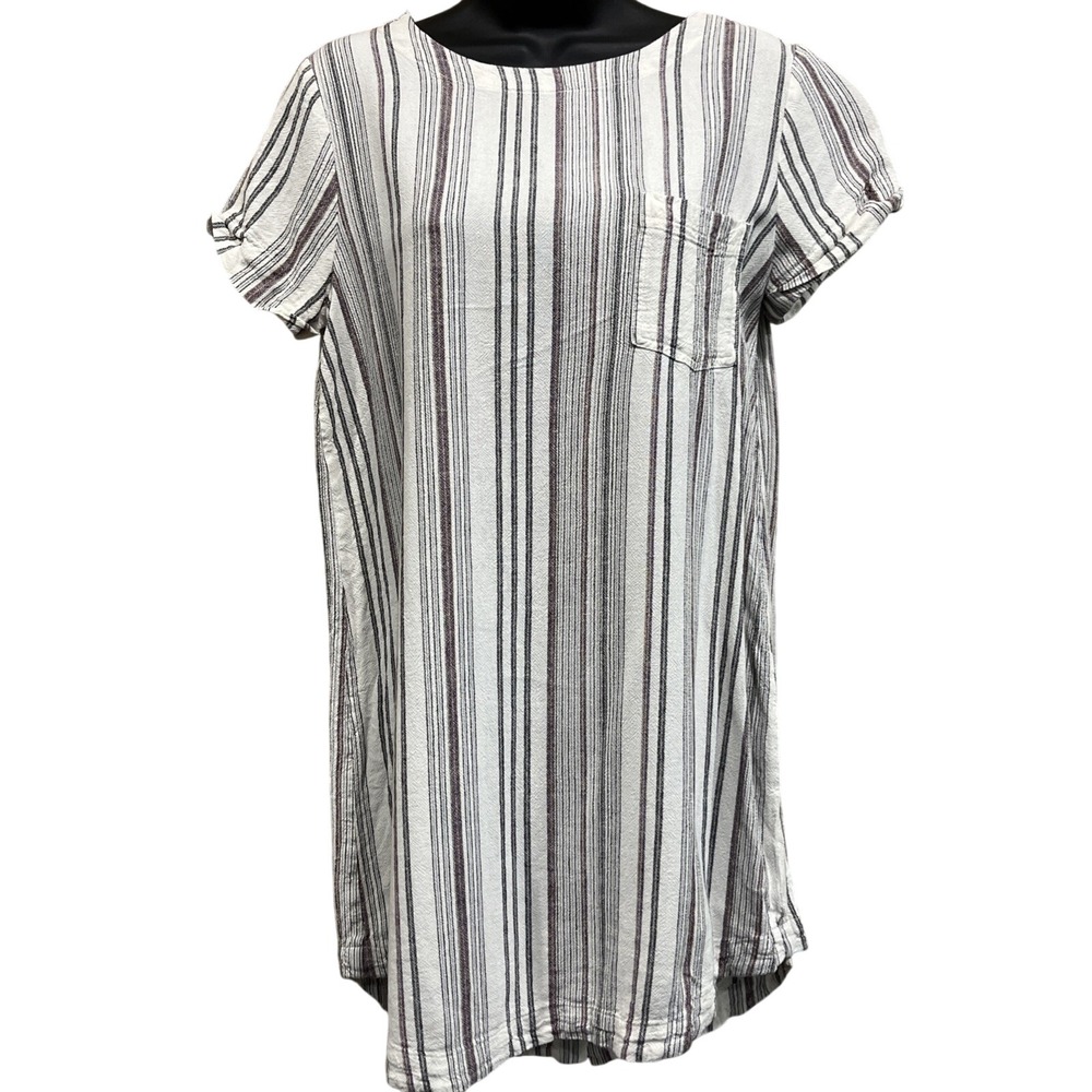 Cloth & Stone Tunic Women S‎ White Striped Button Back Linen Blend Short Sleeve